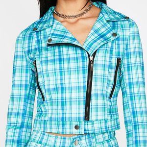 Turquoise Plaid Action Moto Jacket Plaid Large